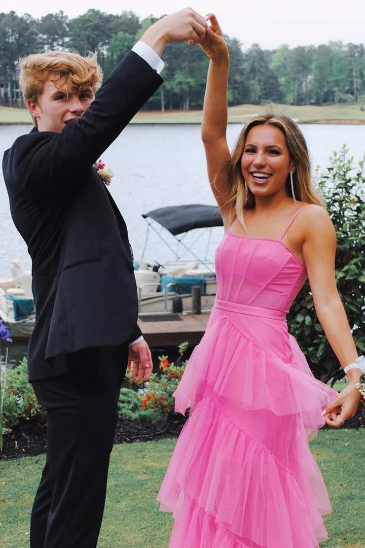 Lumidress Elegant Spaghetti Strap Tiered A-Line Long Prom Dress