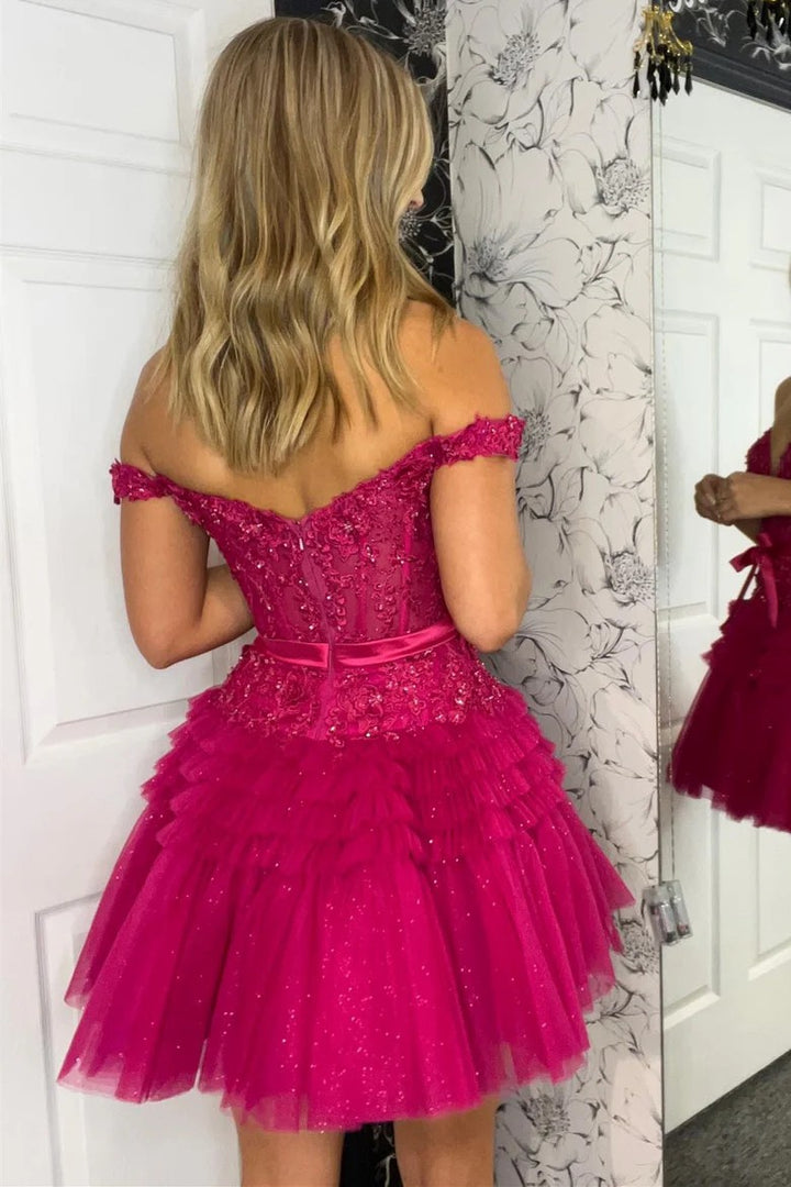 Lumidress Hot Pink Off-the-Shoulder Lace Appliqued Short Homecoming Dress