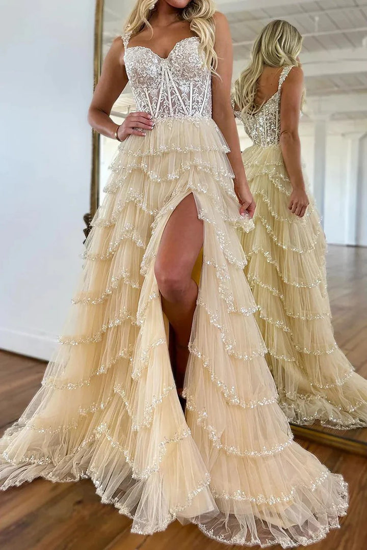 Lumidress Champagne Lace Corset Tiered Tulle Ball Gown with High Slit