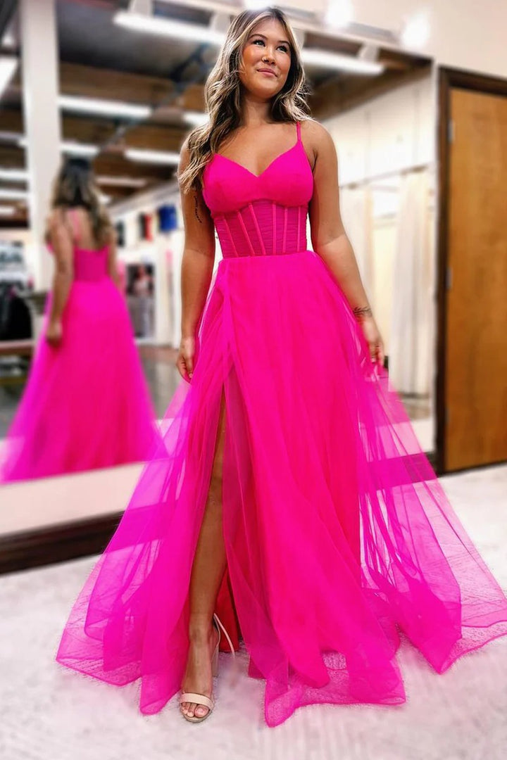 Lumidress Hot Pink Sweetheart A-Line Tulle Prom Dress with Side Slit