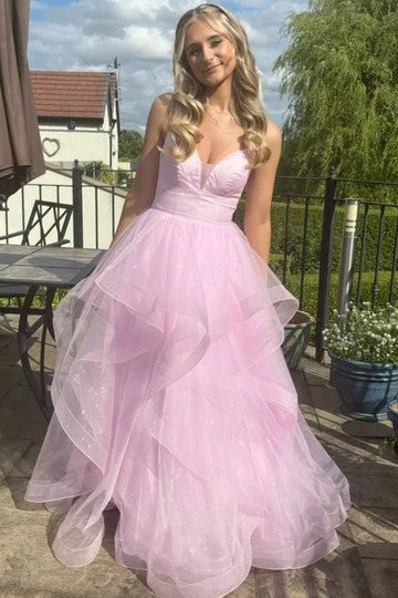 Lumidress Sparkling Lavender V-Neck Tiered Tulle Strappy Long Prom Dress