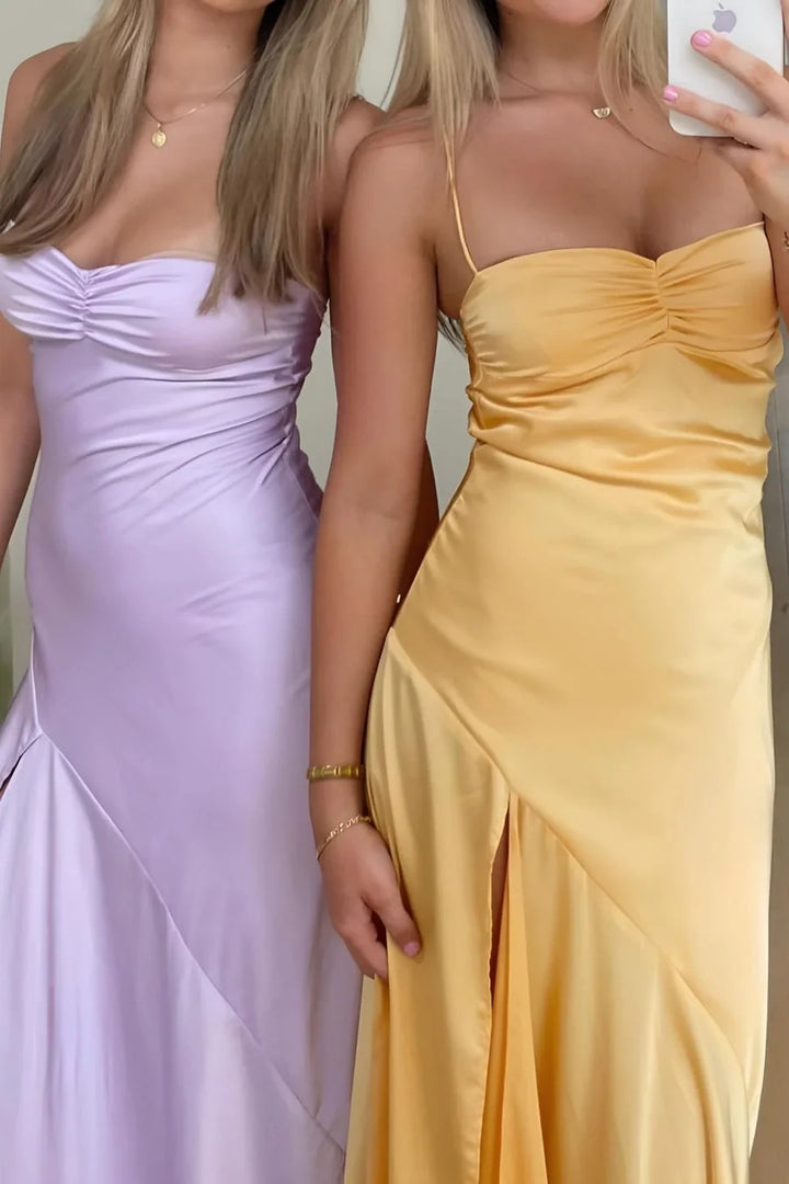 Lumidress Bold Fuchsia Satin Spaghetti Strap Sheath Prom Dress with High Slit