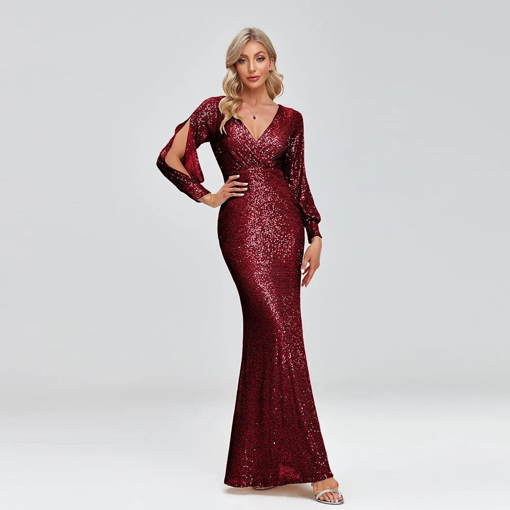 Lumidress Women Elegant V-Neck Mermaid Floor Length Evening Gown