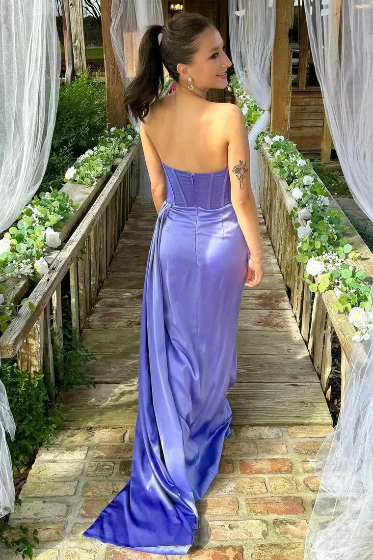 Lumidress Periwinkle Strapless Pleated Prom Dress with Side Slit