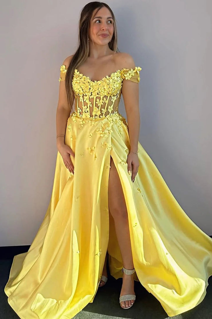 Lumidress Yellow Satin A-Line Off-the-Shoulder Prom Dress with 3D Floral Details