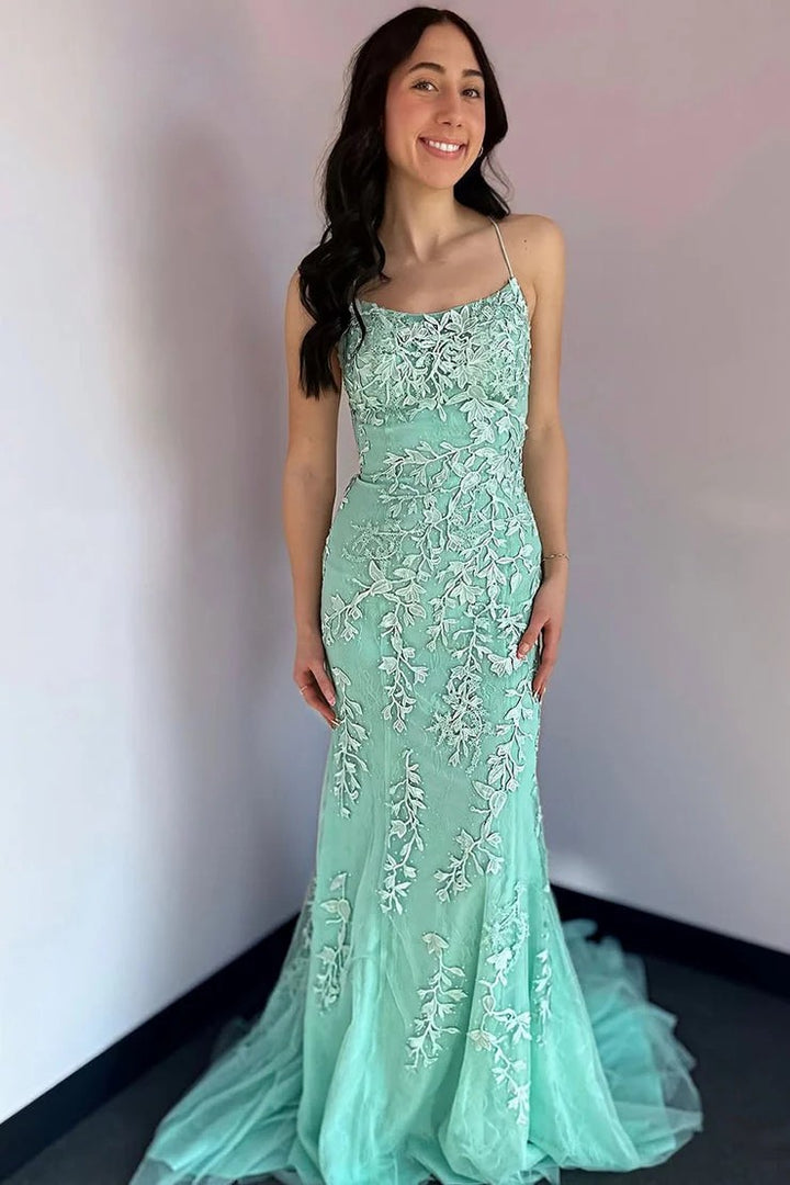 Lumidress Mint Lace Mermaid Prom Dress with Scoop Neck