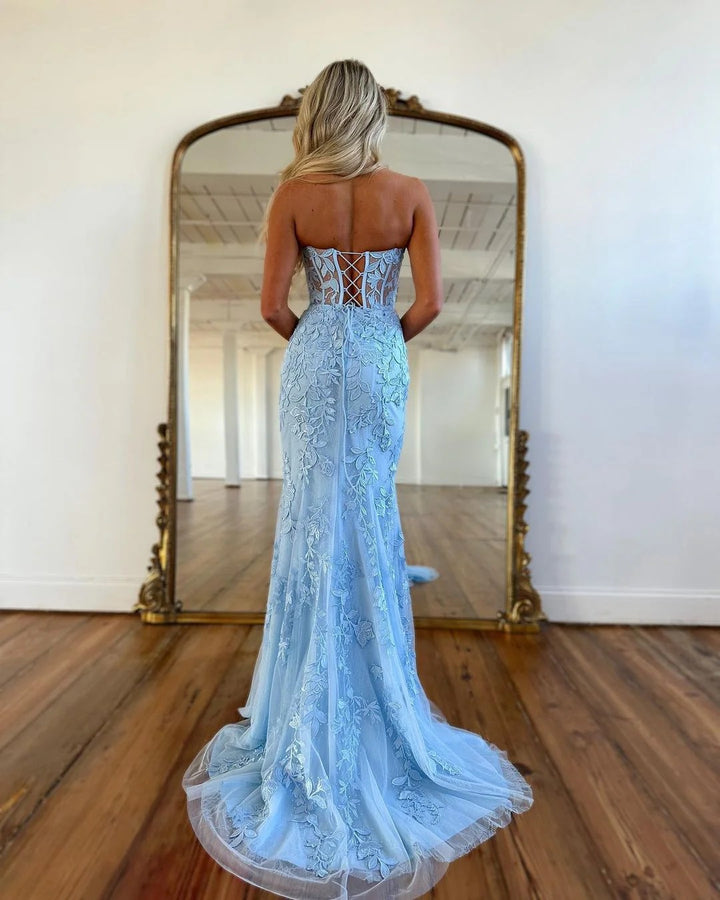 Lumidress Light Blue Lace Sweetheart Mermaid Prom Gown
