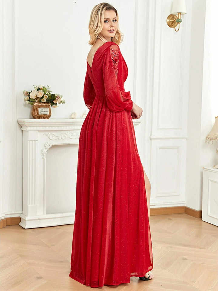 Lumidress Red Long-Sleeved V-Neck Banquet Dress Spotlight Evening Dress
