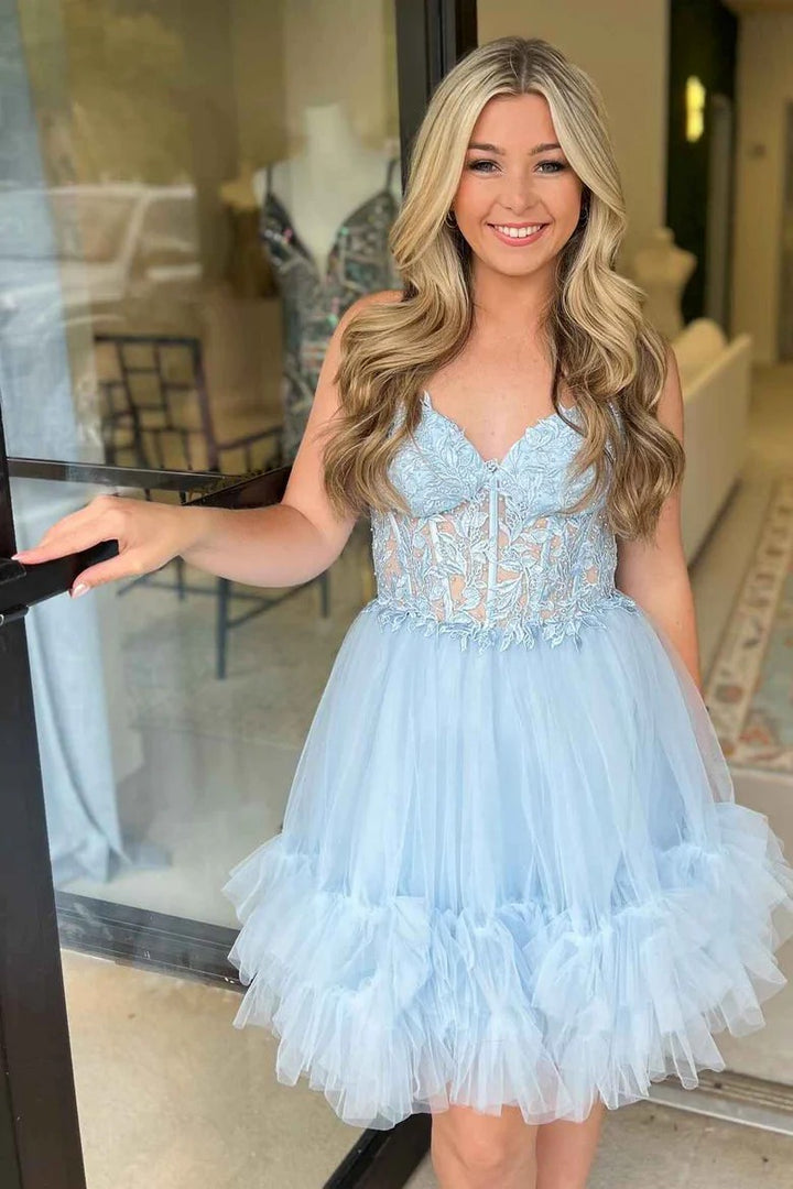 Lumidress Light Blue Strapless Tulle Homecoming Dress with Appliques and Ruffles