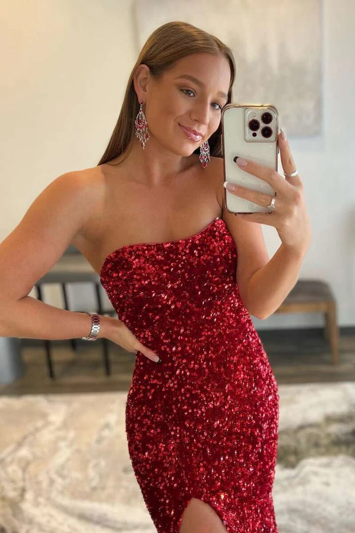 Lumidress Sparkling Burgundy Sequin Mermaid Strapless Prom Dress