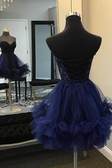 Lumidress Light Blue Strapless Tulle Homecoming Dress with Appliques and Ruffles