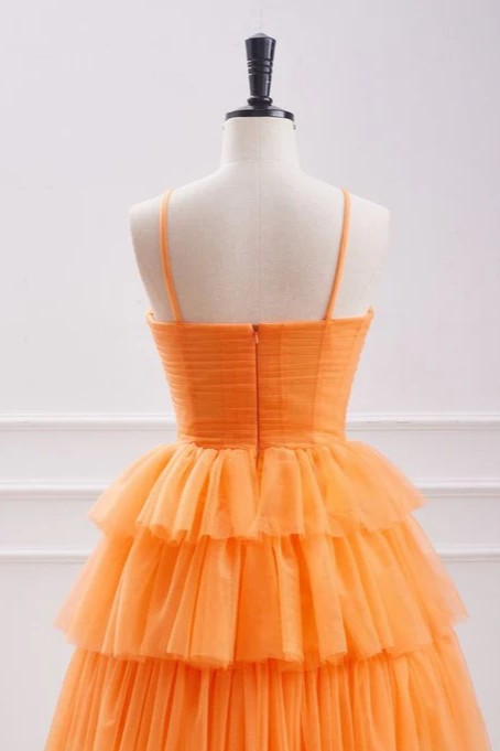 Lumidress Vibrant Orange Spaghetti Strap Tiered Tulle Homecoming Dress with Floral Detail