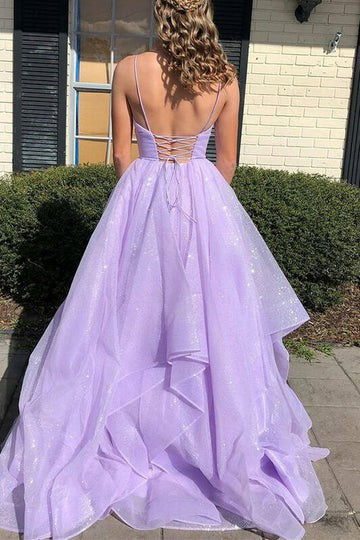 Lumidress Sparkling Lavender V-Neck Tiered Tulle Strappy Long Prom Dress