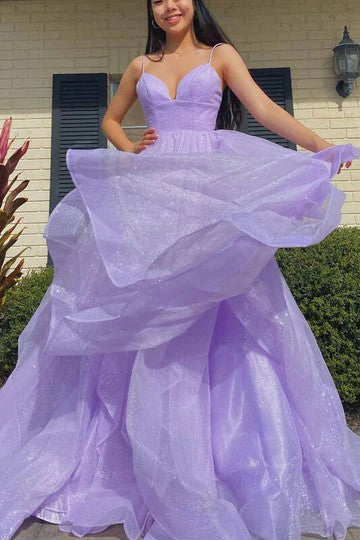 Lumidress Sparkling Lavender V-Neck Tiered Tulle Strappy Long Prom Dress