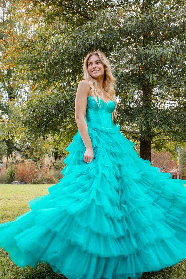 Lumidress Off-Shoulder Sweetheart Tiered Tulle Long Prom Dress with Slit