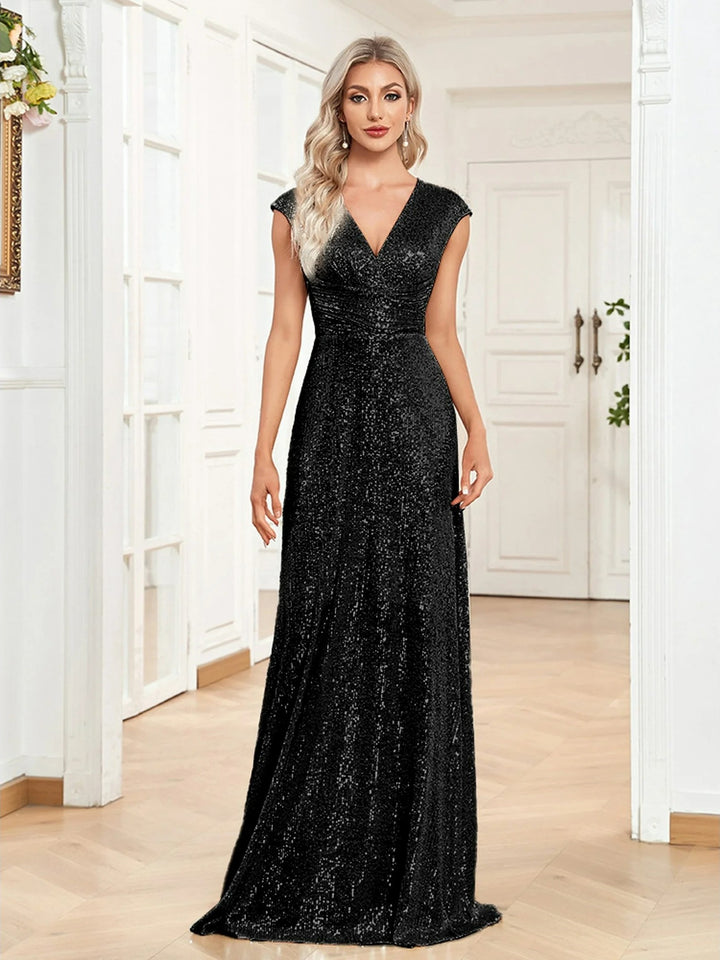 Lumidress Sexy V-Neck Sequin Floor-Length Prom Evening Dress
