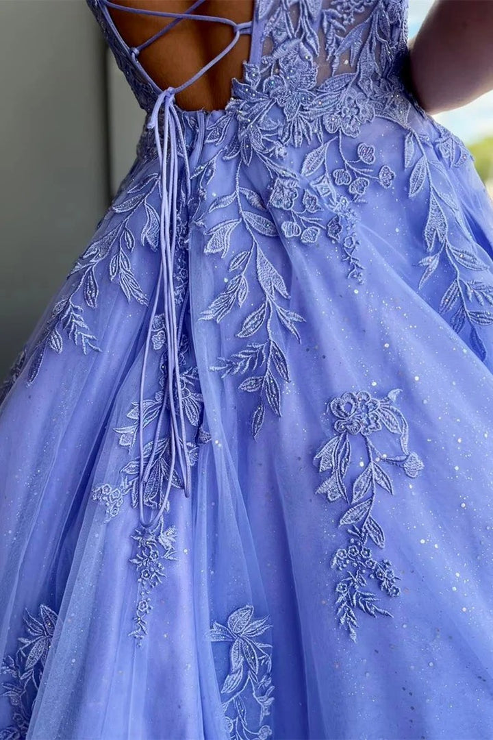 Lumidress Glitter Tulle Appliques A-Line Long Prom Dress