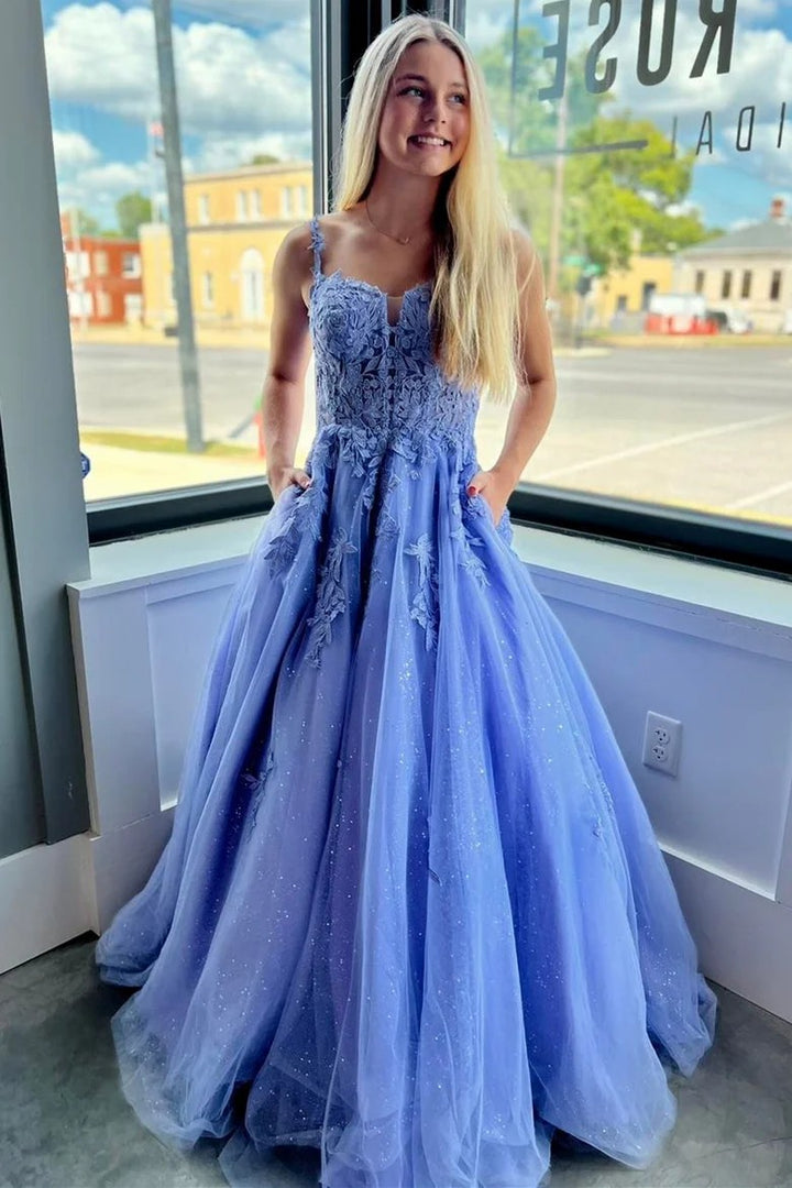 Lumidress Glitter Tulle Appliques A-Line Long Prom Dress