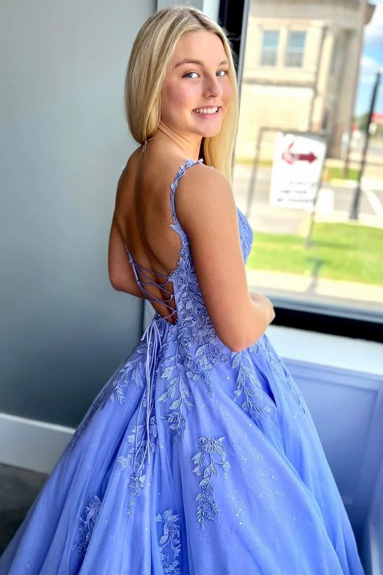 Lumidress Glitter Tulle Appliques A-Line Long Prom Dress