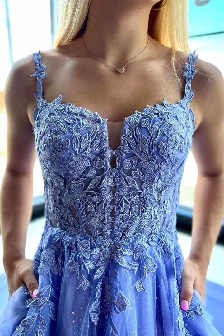 Lumidress Glitter Tulle Appliques A-Line Long Prom Dress