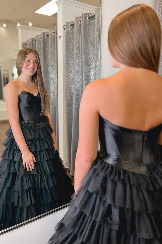 Lumidress Off-Shoulder Sweetheart Tiered Tulle Long Prom Dress with Slit