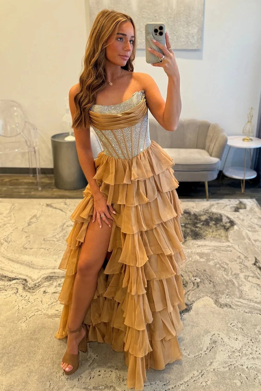 Lumidress A-Line Scoop Neck Tiered Chiffon Long Prom Dress for Formal Evening