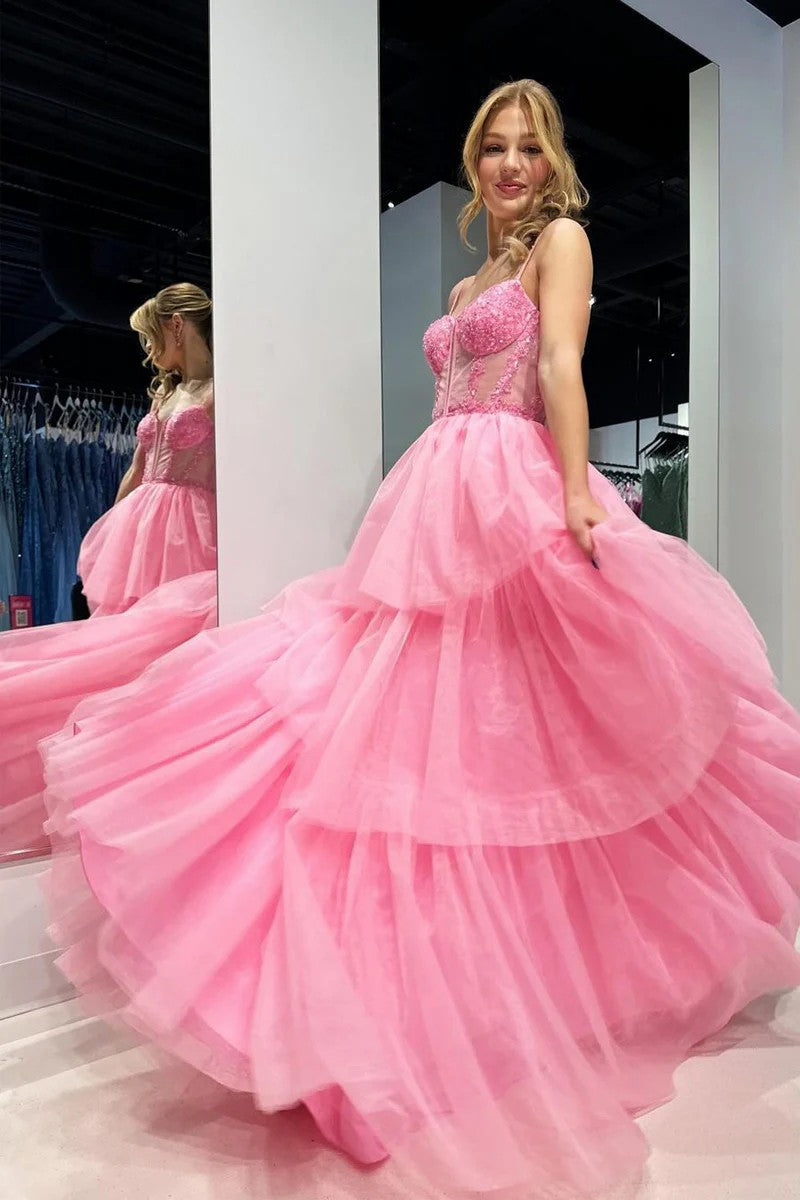Lumidress Blush Pink Sweetheart A-Line Prom Dress with Layered Tiered Tulle