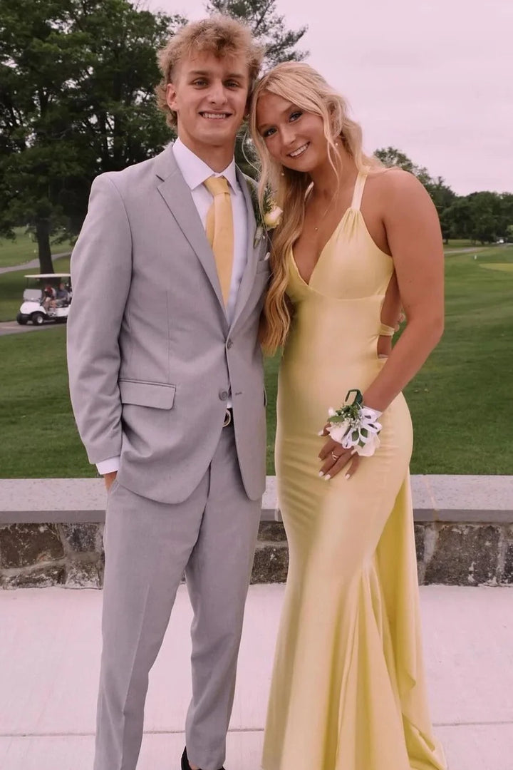 Lumidress Yellow Satin Sleeveless V-Neck Mermaid Prom Gown with Crisscross Back