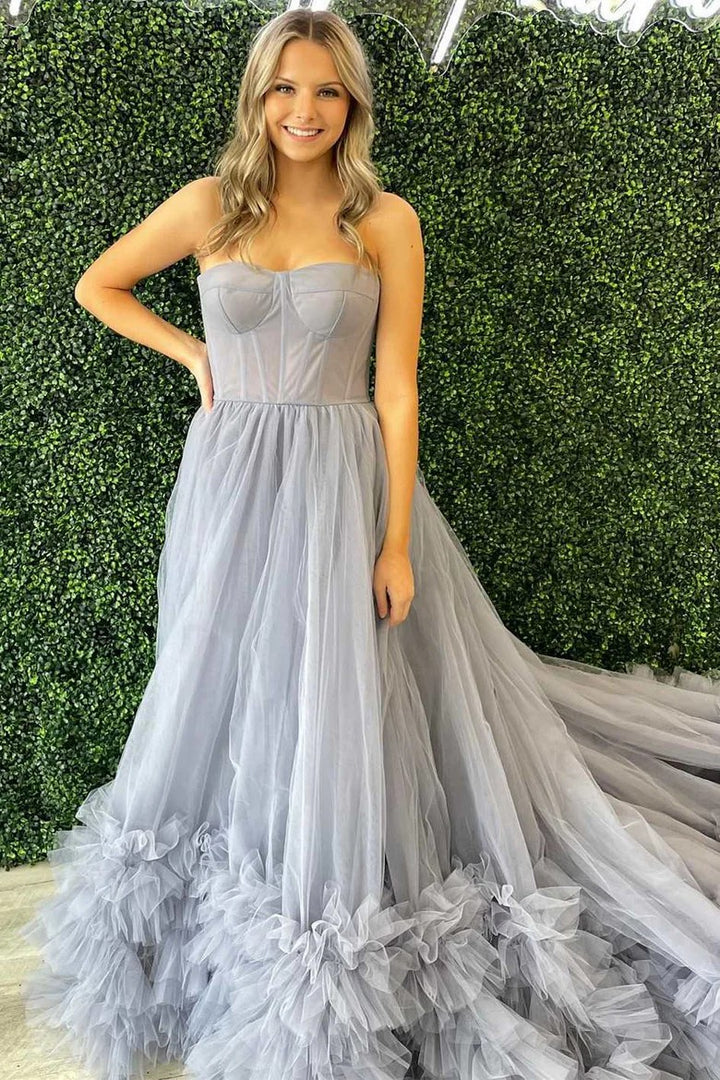 Lumidress Glamorous Periwinkle Strapless Tulle Ball Gown with Ruffled Hem