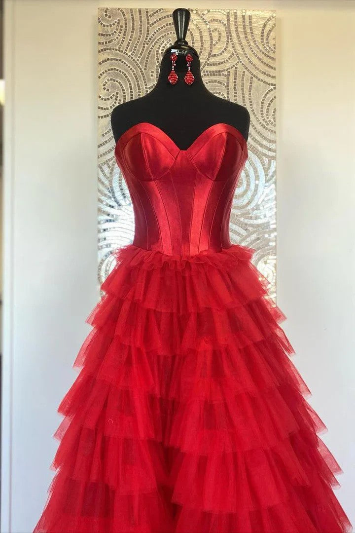 Lumidress Off-Shoulder Sweetheart Tiered Tulle Long Prom Dress with Slit