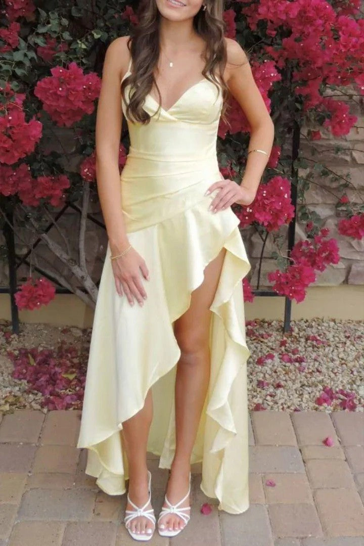 Lumidress Spaghetti Straps V-Neck A-Line Satin Prom Dress with Ruffles &amp; Slit