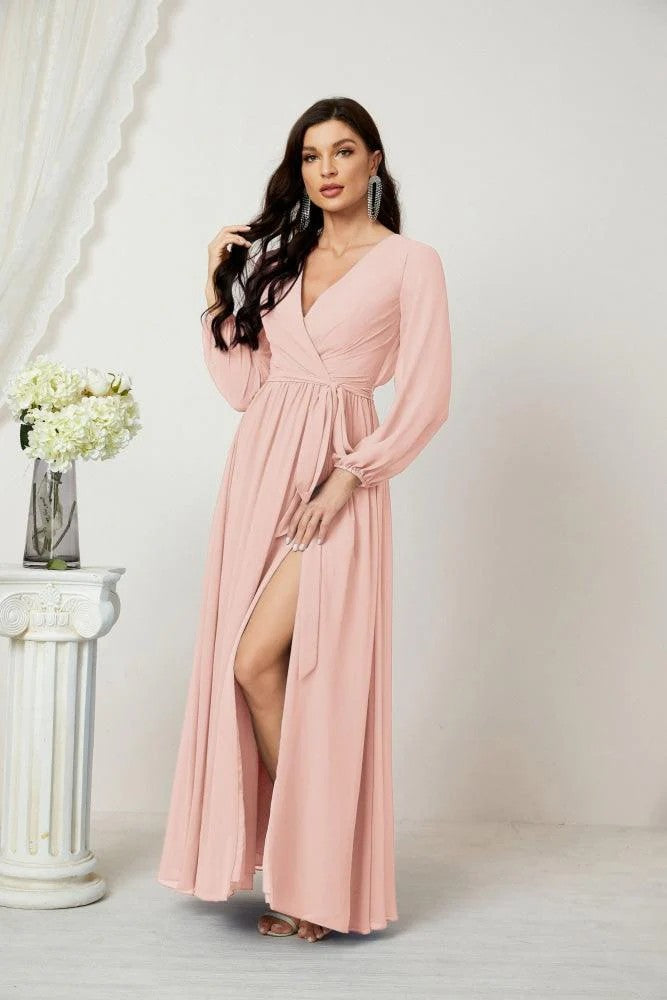 Lumidress Deep V-Neck Chiffon Evening Dress with Bishop Sleeves &amp; Side Slit