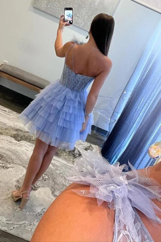 Lumidress One-Shoulder Lavender Lace Layered A-Line Homecoming Dress