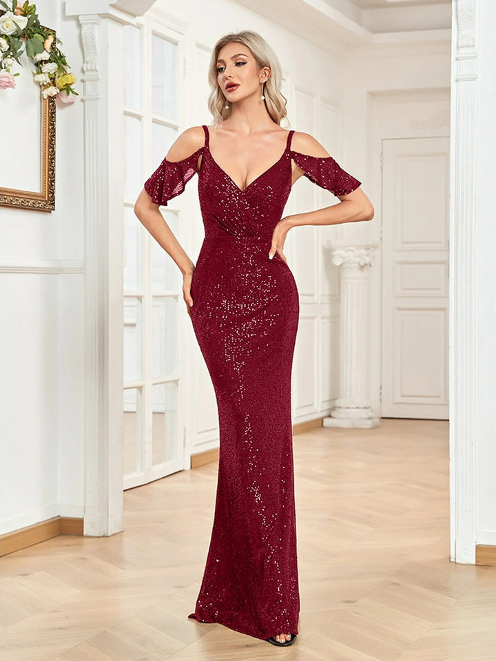 Lumidress Women Short-Sleeve V-Neck Floor-Length Evening Party Dress
