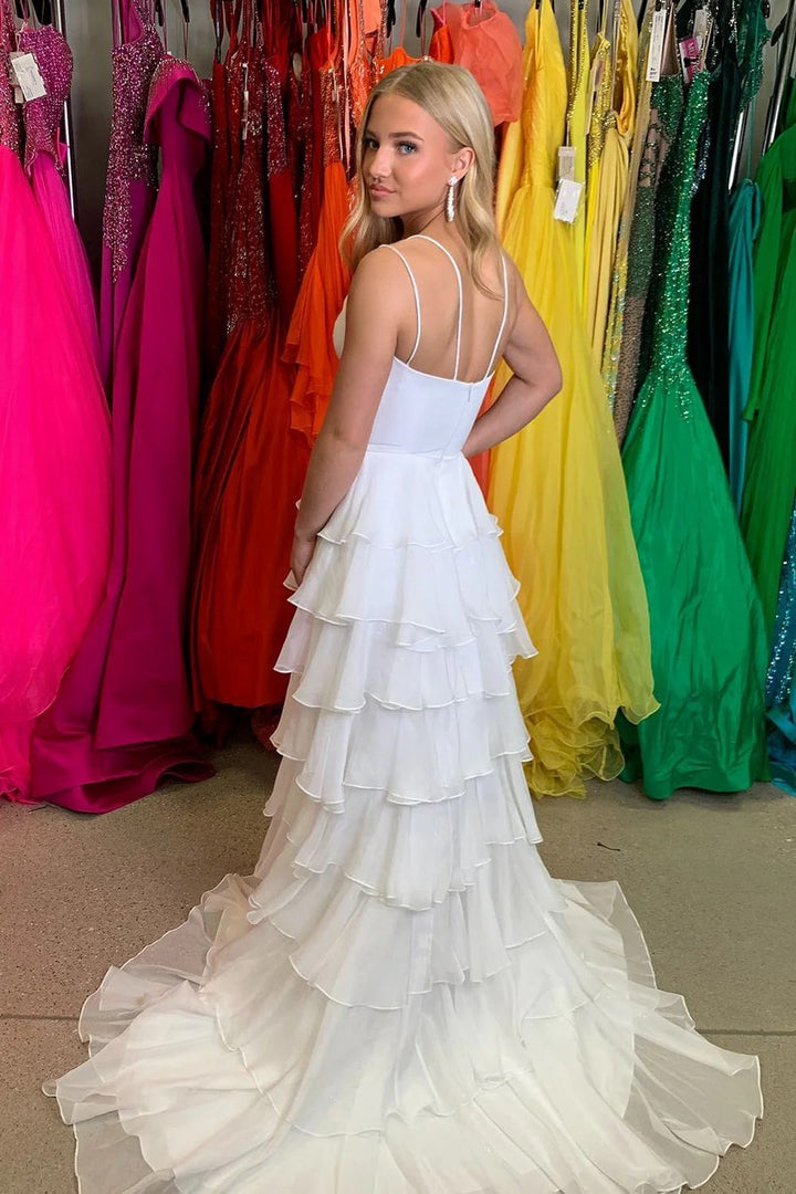 Lumidress Elegant White V-Neck Tiered Chiffon Prom Gown