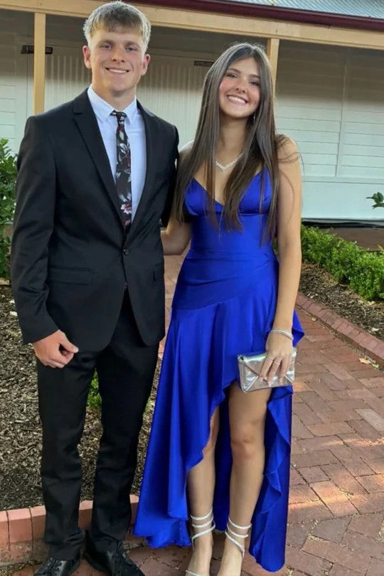 Lumidress Spaghetti Straps V-Neck A-Line Satin Prom Dress with Ruffles &amp; Slit