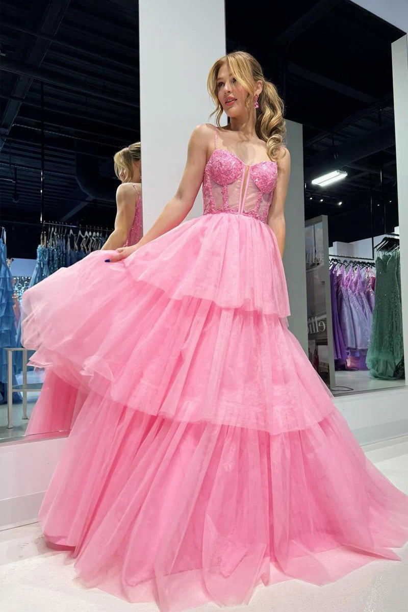 Lumidress Blush Pink Sweetheart A-Line Prom Dress with Layered Tiered Tulle