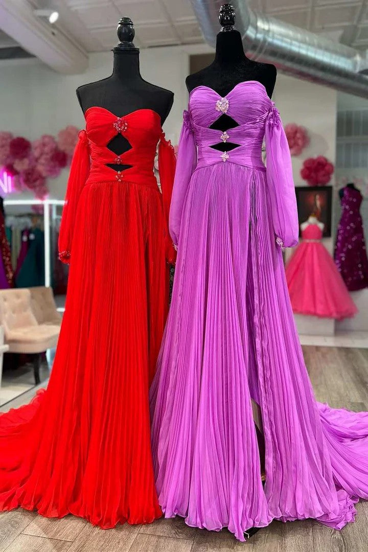 Lumidress Elegant Strapless Sweetheart Pleated Chiffon Prom Dress with Crystal Cutout Details