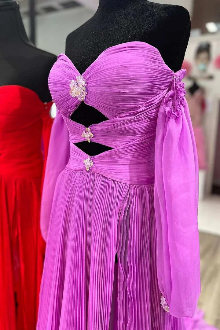 Lumidress Elegant Strapless Sweetheart Pleated Chiffon Prom Dress with Crystal Cutout Details