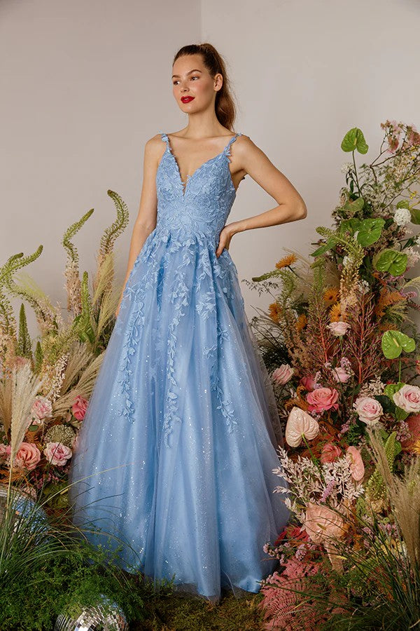 Lumidress Sleeveless V-Neck Glitter Tulle A-Line Gown