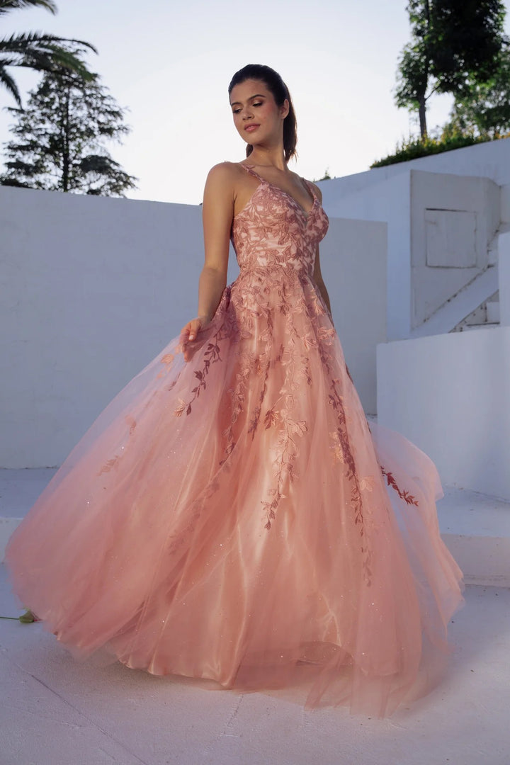 Lumidress Sleeveless V-Neck Glitter Tulle A-Line Gown