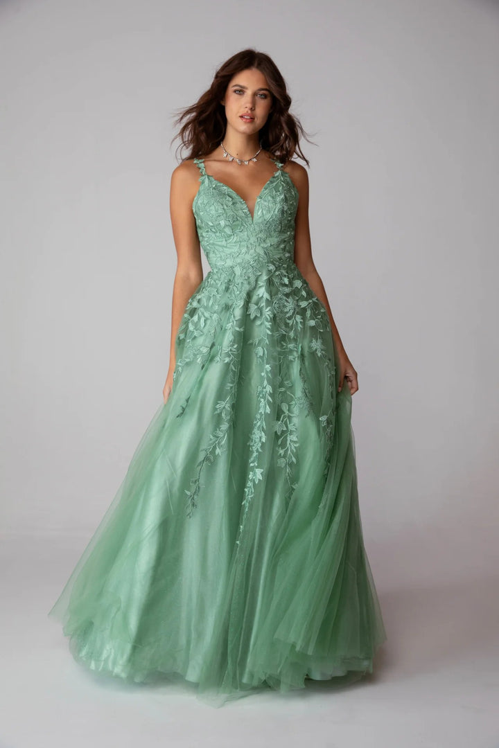 Lumidress Sleeveless V-Neck Glitter Tulle A-Line Gown