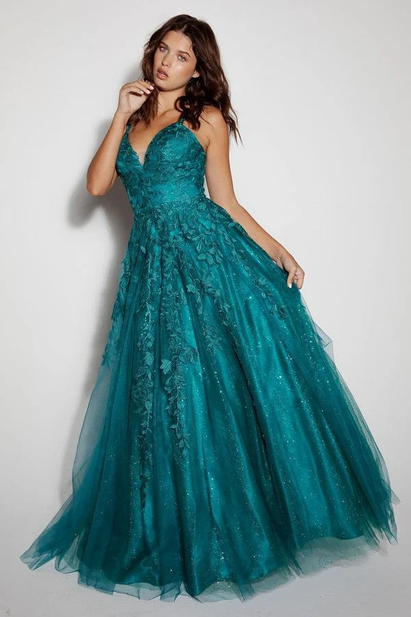 Lumidress Sleeveless V-Neck Glitter Tulle A-Line Gown