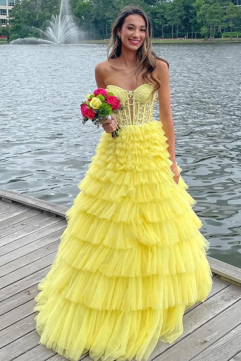 Lumidress Romantic Yellow Strapless Tiered Ruffle Tulle Prom Gown