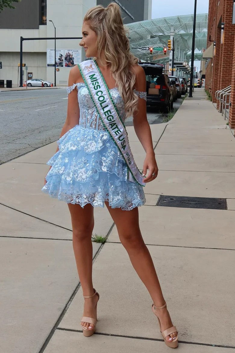 Lumidress Black Sequin Embroidered Sweetheart Tiered A-Line Homecoming Dress