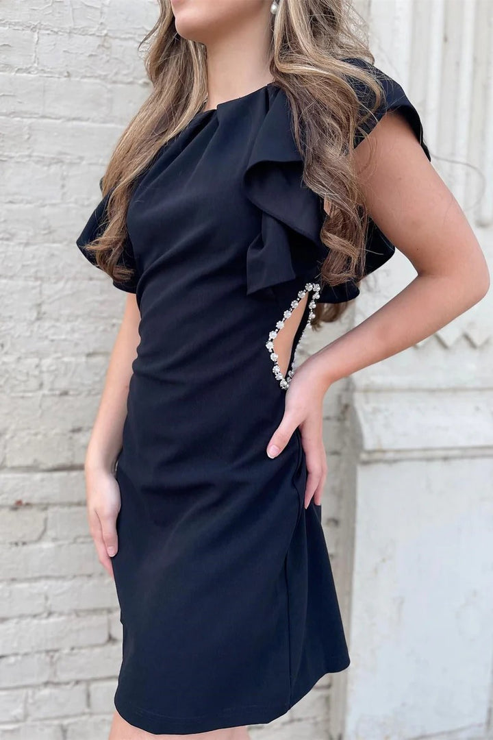 Lumidress Elegant Black Ruffled Short Dress with Rhinestone Side Cutout