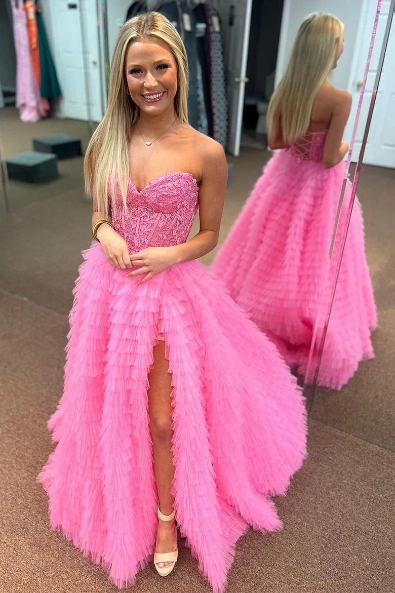 Lumidress Strapless Sweetheart Ruffled Tulle Evening Gown with Slit