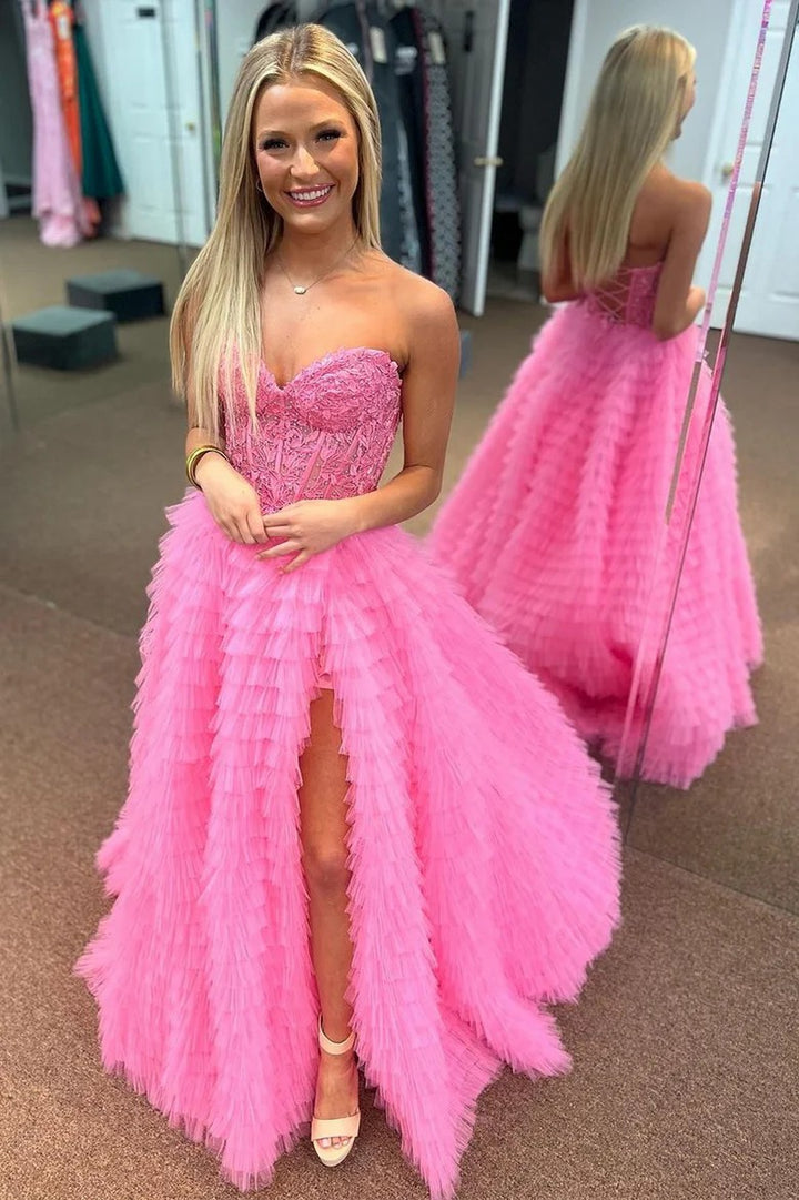 Lumidress Strapless Sweetheart Ruffled Tulle Evening Gown with Slit