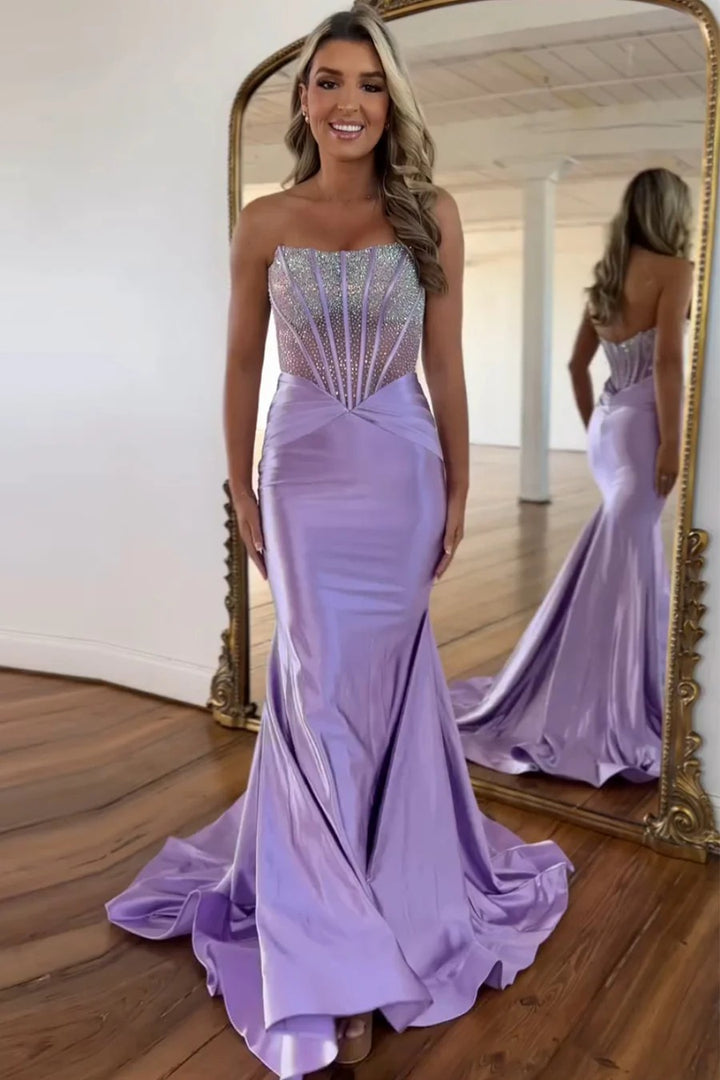 Lumidress Elegant Lavender Strapless Mermaid Satin Evening Gown with Beaded Corset Bodice