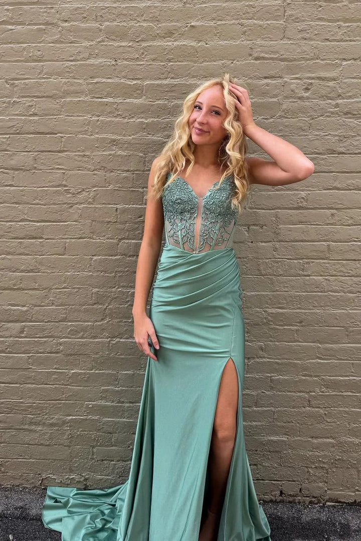 Lumidress Sage Green Satin Mermaid Prom Dress with V-Neck and Lace Appliqués
